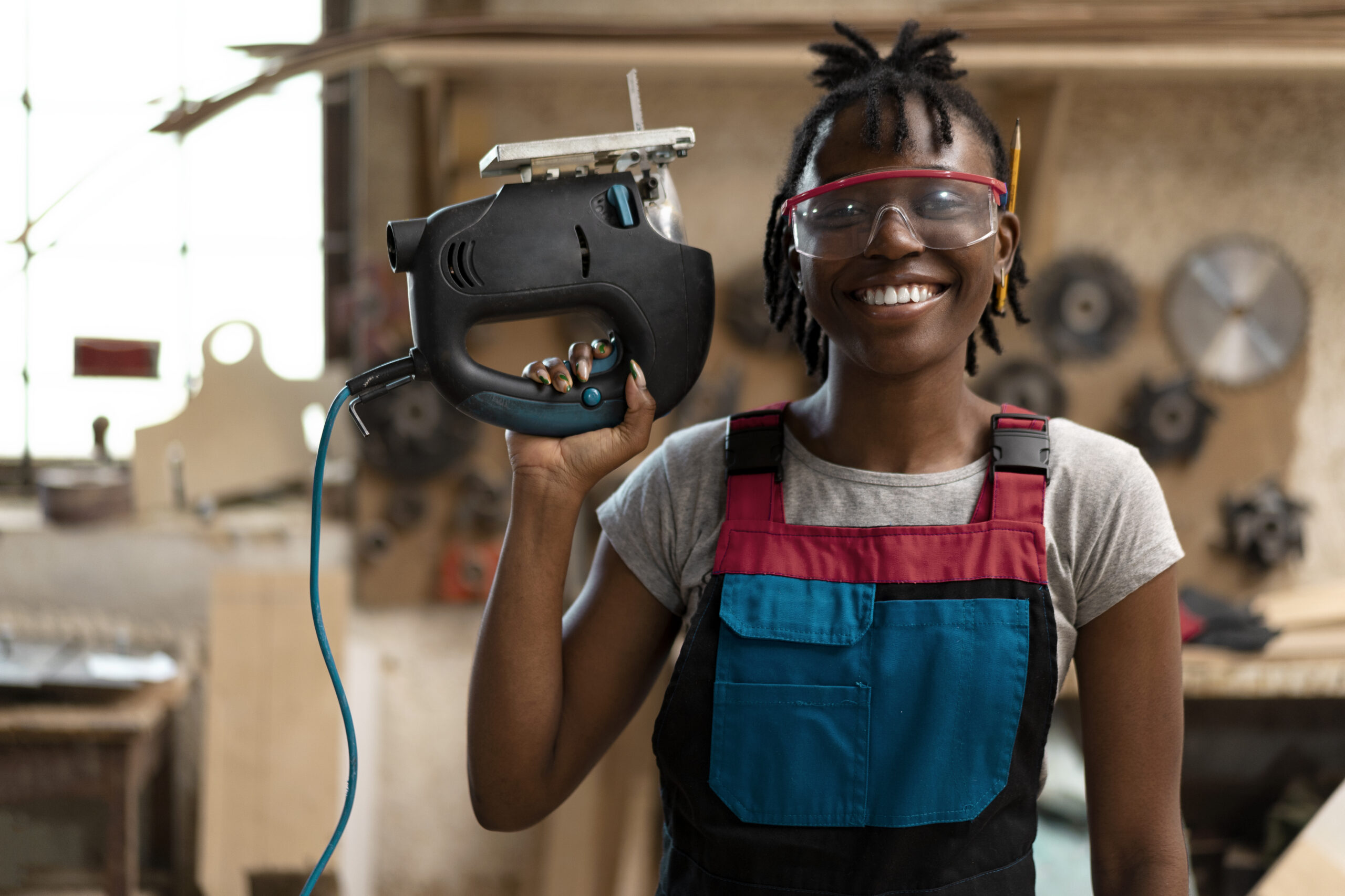 charpentier coupant le panneau de forces de defense principale a l interieur de l atelier